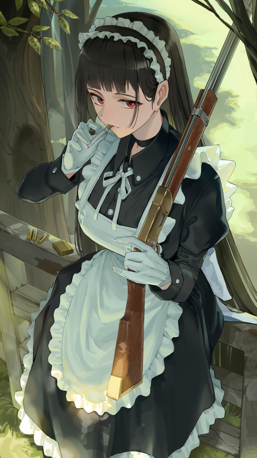 1girl absurdres apron black_hair black_shirt black_skirt breasts bullet cigarette closed_mouth commentary english_commentary frilled_hairband frills goback gun hairband highres holding holding_gun holding_weapon large_breasts long_hair long_sleeves looking_at_viewer maid maid_apron maid_headdress original puffy_long_sleeves puffy_sleeves red_eyes ribbon shirt skirt smoking solo tree weapon white_apron white_ribbon