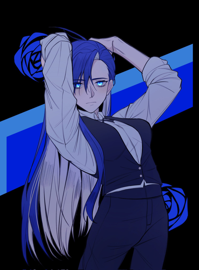 1girl ado_(utaite) ahoge arms_up asymmetrical_bangs black_background black_pants black_ribbon black_vest blue_eyes blue_hair breasts chinese_commentary closed_mouth cloud_nine_inc collared_shirt commentary_request corrupted_twitter_file dress_shirt hair_between_eyes highres looking_at_viewer lyln08800652 medium_breasts merry_(ado) mole mole_under_eye neck_ribbon pants readymade_(ado) ribbon shirt sleeves_past_elbows solo vest white_shirt