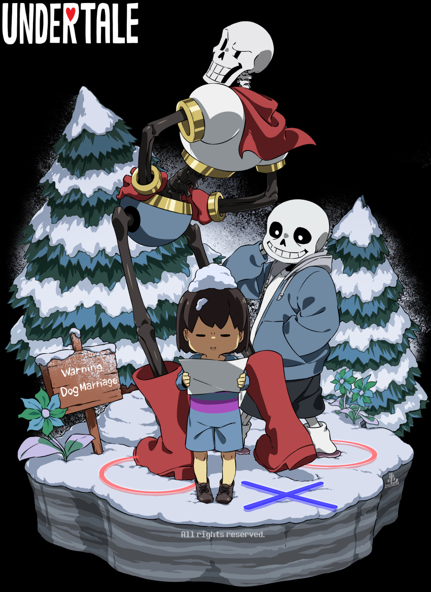 1other 2boys :i =_= absurdres androgynous arm_behind_head black_background black_sclera black_shorts blue_jacket boots brothers brown_footwear brown_hair cape cel_shading child closed_eyes colored_sclera commentary_request copyright_name drawstring flower frisk_(undertale) frown full_body gloves grin hand_in_pocket hands_on_own_hips highres holding holding_paper hood hood_down hooded_jacket jacket kamezaemon knee_boots looking_at_another male_focus multiple_boys outdoors paper papyrus_(undertale) pine_tree red_cape red_footwear red_gloves romper sans shoes short_hair shorts siblings signpost simple_background skeleton smile snow snow_on_head socks standing tree undertale white_eyes white_socks winter x