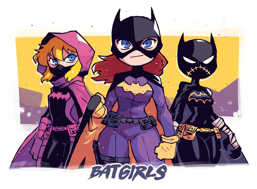 3girls absurdres animification barbara_gordon batgirl batman_(series) belt black_cape blonde_hair blue_eyes bodysuit boots breasts cape cassandra_cain clenched_hand clenched_hands closed_mouth dc_comics emblem flat_color frown full_body gloves highres hood hooded_cape long_hair looking_at_viewer mask midair multiple_girls purple_cape purple_gloves rariatto_(ganguri) redhead solo spoiler_(dc) stephanie_brown superhero twitter_username utility_belt yellow_background