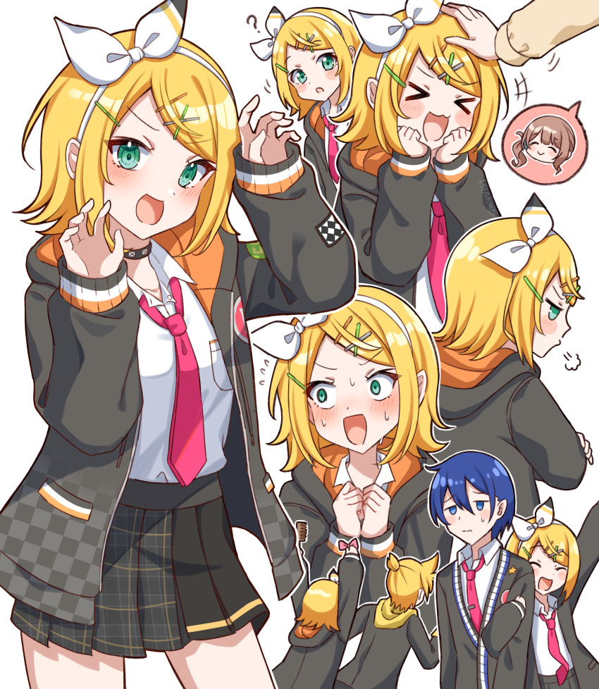 &gt;_&lt; 2boys 2girls ? absurdres black_choker blonde_hair blue_eyes blue_hair blush bow chasing choker claw_pose closed_eyes collared_shirt dark_blue_hair green_eyes hair_between_eyes hair_bow hairband happy headpat highres holding_another's_arm hood hoodie kagamine_len kagamine_rin kaito_(vocaloid) leo/need_kaito leo/need_len leo/need_rin looking_at_another looking_at_viewer looking_to_the_side mirumiru_(miru36i) mochizuki_honami multiple_boys multiple_girls multiple_hairpins necktie nervous_sweating open_clothes open_hoodie open_mouth outline pink_necktie pleated_skirt project_sekai shirt short_hair skirt speech_bubble sweat sweatdrop upper_body vocaloid white_background white_outline white_shirt wide-eyed