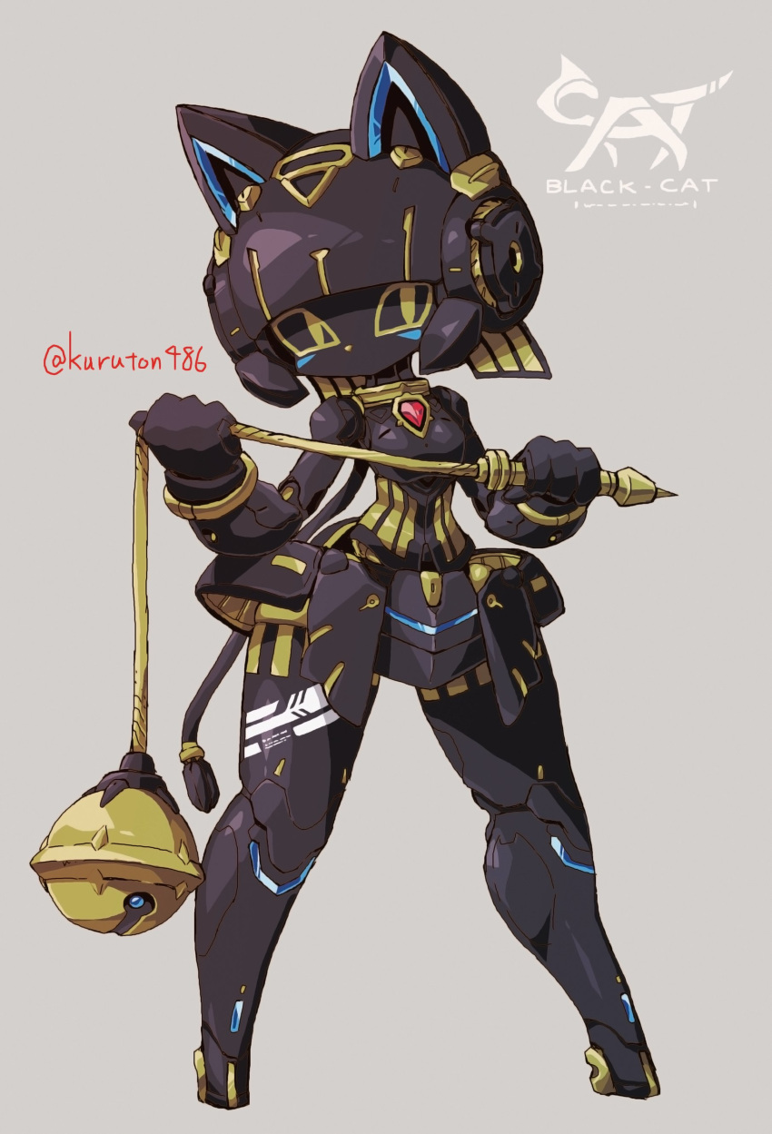 1girl absurdres animal_ears black_skin cat_ears cat_tail colored_skin commentary_request egyptian flail full_body grey_background highres holding_flail humanoid_robot joints kuruton486 looking_at_viewer mechanical_hair original robot robot_girl robot_joints solo standing tail twitter_username weapon
