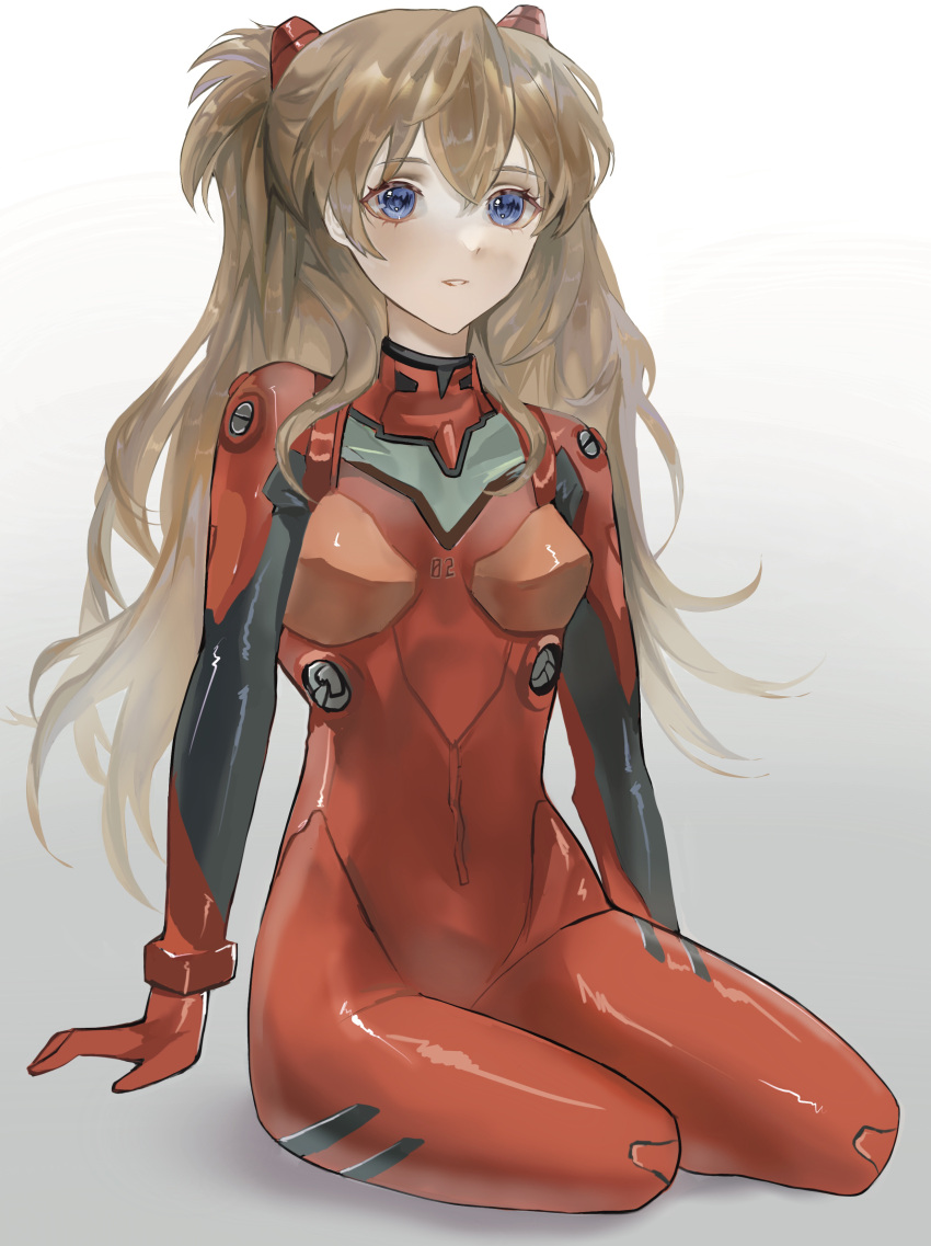 1girl absurdres blue_eyes bodysuit breasts brown_hair commentary dated_commentary gradient_background hair_between_eyes hair_ornament hairpods highres long_hair looking_at_viewer neon_genesis_evangelion pilot_suit plugsuit red_bodysuit sitting small_breasts smile solo souryuu_asuka_langley zuuin
