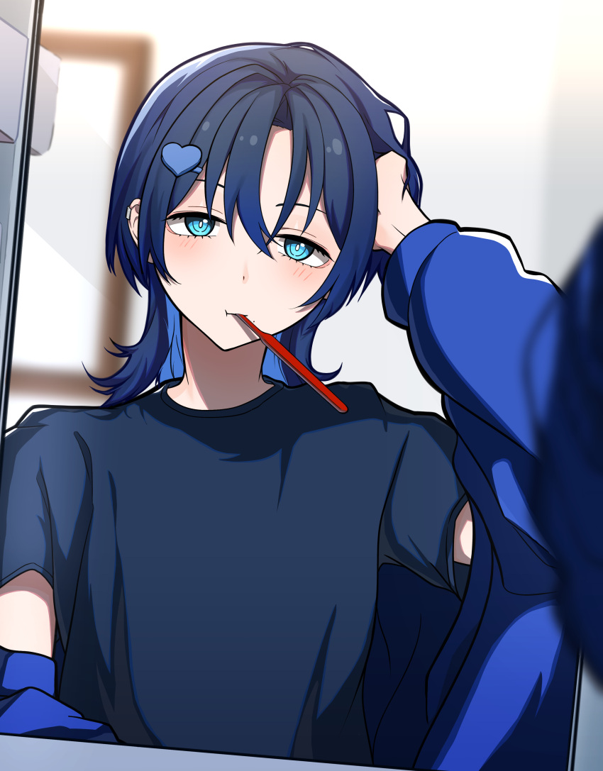 1girl absurdres black_shirt blue_eyes blue_hair commentary_request dark_blue_hair eyelashes hair_between_eyes highres hiodoshi_ao hololive hololive_dev_is light_blush looking_at_mirror mirror off_shoulder reflection ringed_eyes shirt short_hair simple_background solo t-shirt tenpura32200 tomboy toothbrush toothbrush_in_mouth upper_body virtual_youtuber