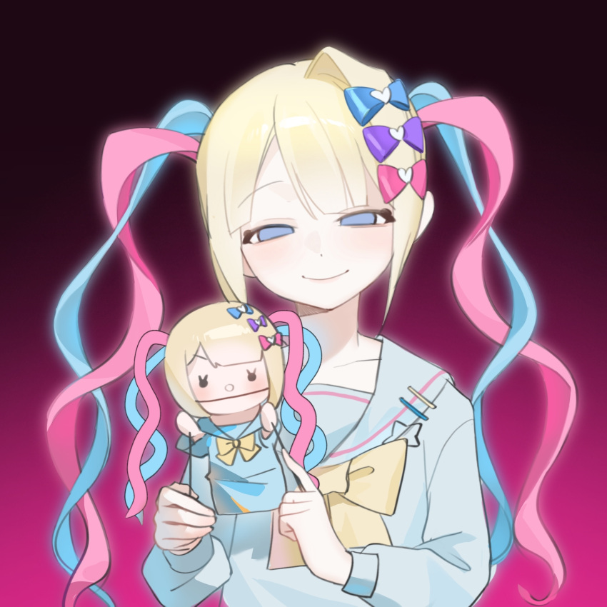 1girl blonde_hair blue_bow blue_eyes blue_hair blue_shirt bow chouzetsusaikawa_tenshi-chan closed_mouth empty_eyes fuhuo_de_pijiu gradient_background hair_bow hair_ornament hand_puppet heart heart_hair_ornament highres holding long_hair long_sleeves looking_at_viewer multicolored_hair multiple_hair_bows needy_girl_overdose pink_bow pink_hair puppet purple_bow quad_tails sailor_collar shirt smile solo twintails upper_body yellow_bow