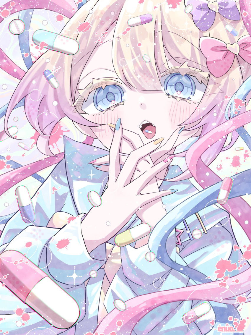 1girl absurdres ax94gn blonde_hair blue_eyes blue_hair blue_nails blue_shirt bow chouzetsusaikawa_tenshi-chan hair_bow hands_up heart highres long_hair long_sleeves looking_at_viewer multicolored_hair multicolored_nails nail_polish needy_girl_overdose open_mouth own_hands_together pill pink_bow pink_hair pink_nails purple_bow quad_tails sailor_collar shirt solo upper_body yellow_nails