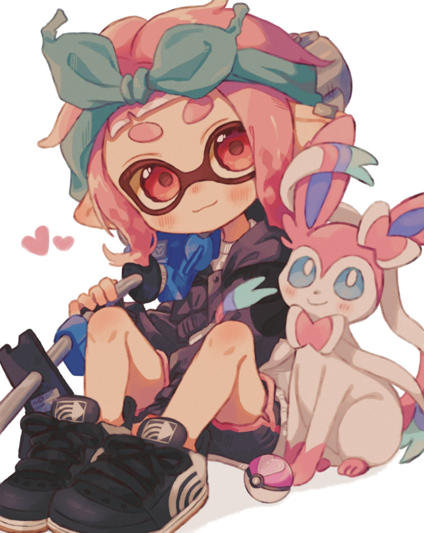 1girl black_footwear blue_bow blue_eyes blue_hairband bow bow_hairband bright_pupils closed_mouth commentary_request e-liter_4k_(splatoon) full_body gun hair_bow hairband heart highres holding holding_gun holding_weapon inkling_girl inkling_player_character looking_at_viewer love_ball medium_hair ochocho2828 pink_hair pointy_ears poke_ball pokemon pokemon_(creature) prehensile_ribbon red_eyes shoes simple_background sitting smile splatoon_(series) splatoon_3 sylveon tentacle_hair thick_eyebrows weapon white_background white_fur white_pupils