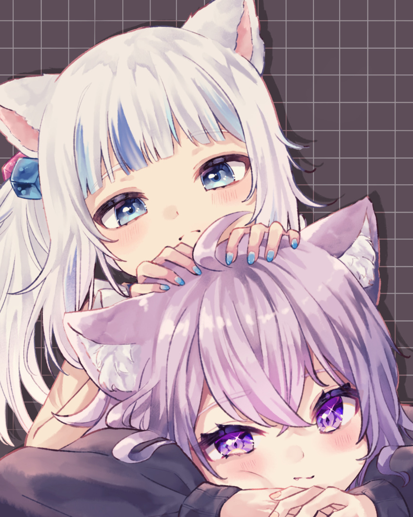 2girls absurdres animal_ear_fluff animal_ears blue_eyes blue_hair blue_nails blush cat_ears cat_girl cube_hair_ornament gawr_gura gawr_gura_(casual) hair_ornament hand_on_another's_head highres hololive hololive_english hood hoodie looking_at_viewer medium_hair multicolored_hair multiple_girls nail_polish nekomata_okayu nekomata_okayu_(1st_costume) official_alternate_costume purple_hair purple_hoodie shirt side_ponytail smile streaked_hair violet_eyes virtual_youtuber white_hair white_shirt wsakuraw