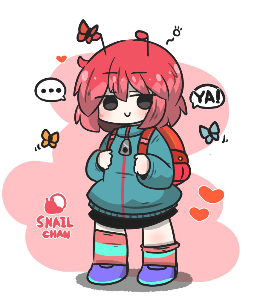 1girl animal antennae backpack bag black_skirt blue_jacket blush bug butterfly chibi closed_mouth commentary_request full_body grey_eyes hair_between_eyes heart highres jacket long_sleeves looking_at_viewer multicolored_hair original pink_hair puffy_long_sleeves puffy_sleeves purple_footwear redhead shoes skirt smile solo standing striped_clothes striped_thighhighs thigh-highs two-tone_hair uni_souchou