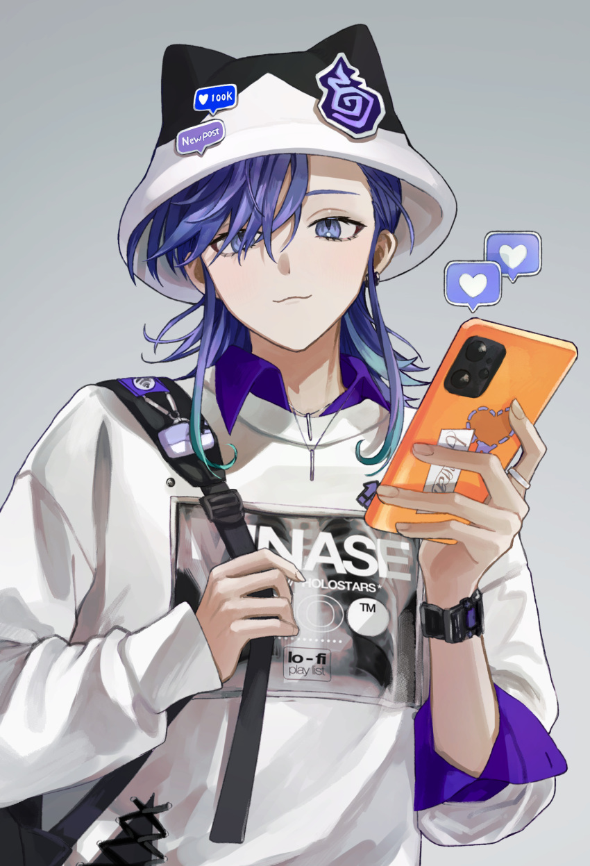 1boy :3 absurdres animal_hat bishounen cat_hat cellphone collared_shirt earrings eyelashes fyuu-ka grey_background hat heart highres hitodama holding holding_phone holostars jewelry long_hair looking_at_viewer male_focus minase_rio mismatched_earrings multiple_necklaces phone purple_hair shirt smartphone solo speech_bubble spoken_heart upper_body violet_eyes virtual_youtuber watch watch