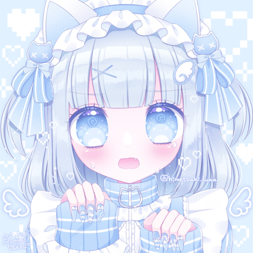 1girl @_@ animal_ears blue_background blue_eyes blue_hairband blush cat_day cat_ears commentary_request fang frilled_hairband frills grey_hair hair_ornament hairband hairclip hands_up heart highres himetsuki_luna jersey_maid long_sleeves looking_at_viewer maid nail_art open_mouth original pinching_sleeves pixelated puffy_long_sleeves puffy_sleeves sleeves_past_wrists solo sweat twitter_username unconventional_maid upper_body wing_hair_ornament x_hair_ornament