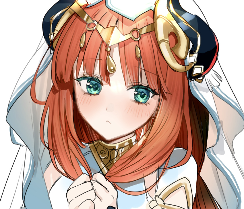 1girl :&lt; absurdres aqua_eyes blush closed_mouth commentary_request crop_top fake_horns genshin_impact gold_trim highres horns kumo_tabetai looking_at_viewer nilou_(genshin_impact) parted_bangs redhead simple_background sketch solo upper_body white_background white_headwear