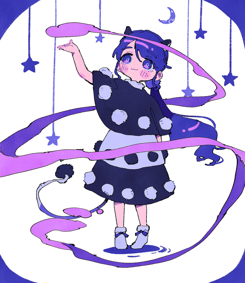 1girl :3 animal_ears black_capelet black_dress blush border capelet closed_mouth colored_smoke commentary_request crescent_moon doremy_sweet dress full_body grey_dress hand_up highres low_ponytail magic moon nama_udon no_headwear object_floating_above_hand pink_eyes pom_pom_(clothes) purple_border purple_hair raised_eyebrows shoes solo standing star_(symbol) tail tapir_ears touhou two-tone_dress two-tone_eyes violet_eyes white_background