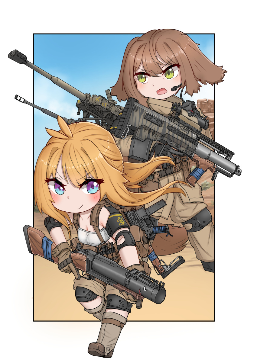 2girls absurdres blue_eyes blush brown_gloves brown_hair closed_eyes day english_commentary full_body gloves green_eyes gun hair_between_eyes highres holding holding_gun holding_weapon knee_pads long_hair looking_at_viewer microphone military multiple_girls open_mouth orange_hair original outdoors scope serious short_hair smile srtdrawart tactical_clothes weapon