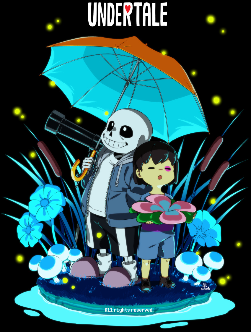 1boy 1other :o =_= absurdres androgynous black_background black_hair black_sclera black_shorts blue_flower blue_jacket brown_footwear cel_shading child closed_eyes colored_sclera commentary commentary_request copyright_name drawstring facepaint flower frisk_(undertale) full_body grass grin hand_in_pocket highres holding holding_flower holding_umbrella hood hood_down hooded_jacket jacket kamezaemon light_particles looking_up mushroom open_mouth outdoors pink_footwear romper sans shirt shoes short_hair shorts simple_background skeleton slippers smile socks standing telescope umbrella undertale white_eyes white_shirt white_socks