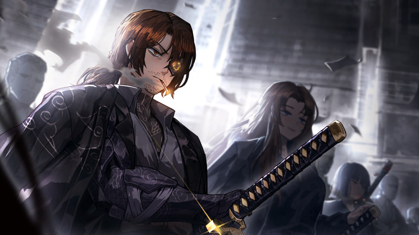 1other 2girls 4boys beard_stubble black_hair black_kimono blue_eyes bob_cut brown_hair chest_tattoo cigarette closed_mouth collared_shirt dress_shirt eyepatch facial_hair game_cg gregor_(project_moon) highres holding holding_sword holding_weapon japanese_clothes kimono limbus_company long_hair male_focus mole mole_under_eye multiple_boys multiple_girls nai_ga neck_tattoo official_art one_eye_covered orange_eyes outdoors project_moon prosthesis prosthetic_arm red_eyes rodion_(project_moon) ryoshu_(project_moon) sheath shirt short_hair sidelocks smoke smoking solo_focus standing stubble sword tattoo unsheathing weapon white_shirt wing_collar
