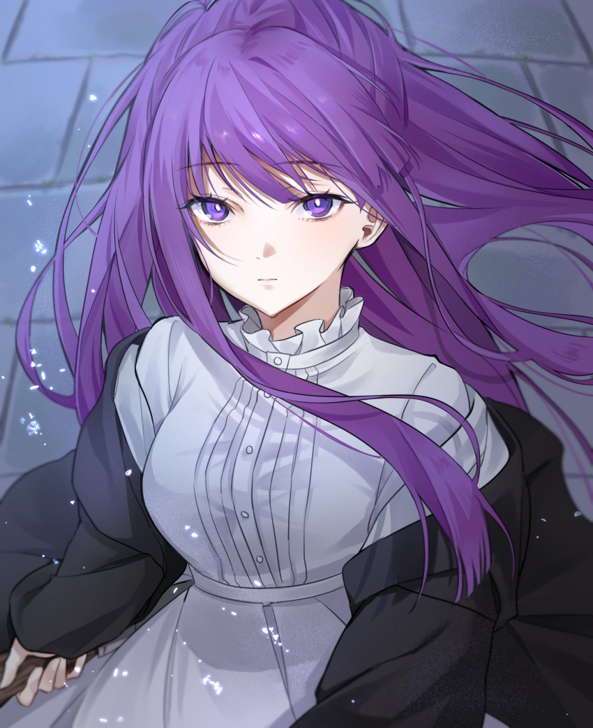 1girl black_coat brick_road coat dress fern_(sousou_no_frieren) floating_hair gumi_070 highres holding holding_wand long_hair looking_at_viewer open_clothes open_coat outdoors purple_hair sousou_no_frieren sparks upper_body violet_eyes wand white_dress