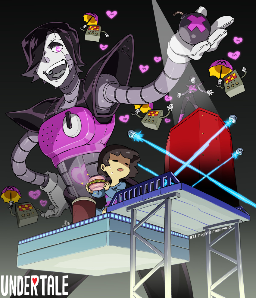 1other 2boys :o =_= androgynous black_background black_hair bomb brown_hair burger cel_shading child commentary copyright_name dual_persona explosive food frisk_(undertale) from_below giant gloves gradient_background hair_over_one_eye hand_on_own_hip heart heart-shaped_pupils highres holding holding_bomb holding_food holding_umbrella joints kamezaemon laser male_focus mettaton multiple_boys open_mouth outstretched_arm pink_eyes platform robot robot_joints scaffolding short_hair smile sparkle spotlight stage standing sweat swept_bangs symbol-shaped_pupils umbrella undertale white_gloves