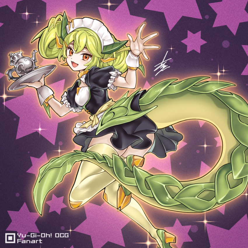 1girl arikanrobo dragon_girl dragon_tail duel_monster green_hair highres holding holding_plate looking_at_viewer maid_headdress open_mouth orange_eyes parlor_dragonmaid plate print_background puffy_short_sleeves puffy_sleeves short_sleeves solo star_(symbol) star_print tail thigh-highs yu-gi-oh!
