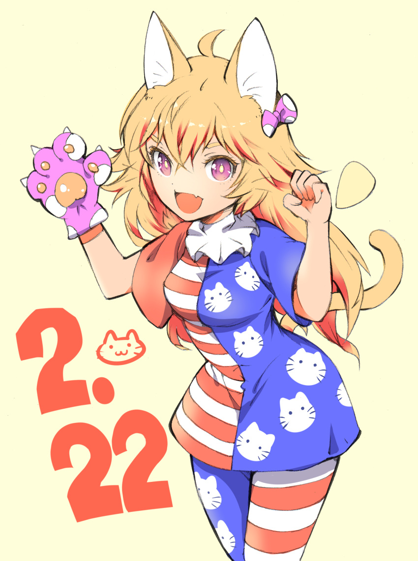 1girl :d ahoge american_flag_dress american_flag_legwear animal_ears animal_hands animal_print blonde_hair bow breasts bright_pupils cat_day cat_ears cat_girl cat_print cat_tail clownpiece colored_eyelashes commentary_request cowboy_shot crossed_bangs dated eyelashes fang gloves hair_between_eyes hair_bow hands_up highres ichizen_(o_tori) kemonomimi_mode long_hair looking_at_viewer one-hour_drawing_challenge open_mouth paw_gloves paw_pose pink_bow short_eyebrows short_sleeves simple_background single_glove skin_fang small_breasts smile solo spiky_hair tail touhou v-shaped_eyebrows violet_eyes white_pupils yellow_background