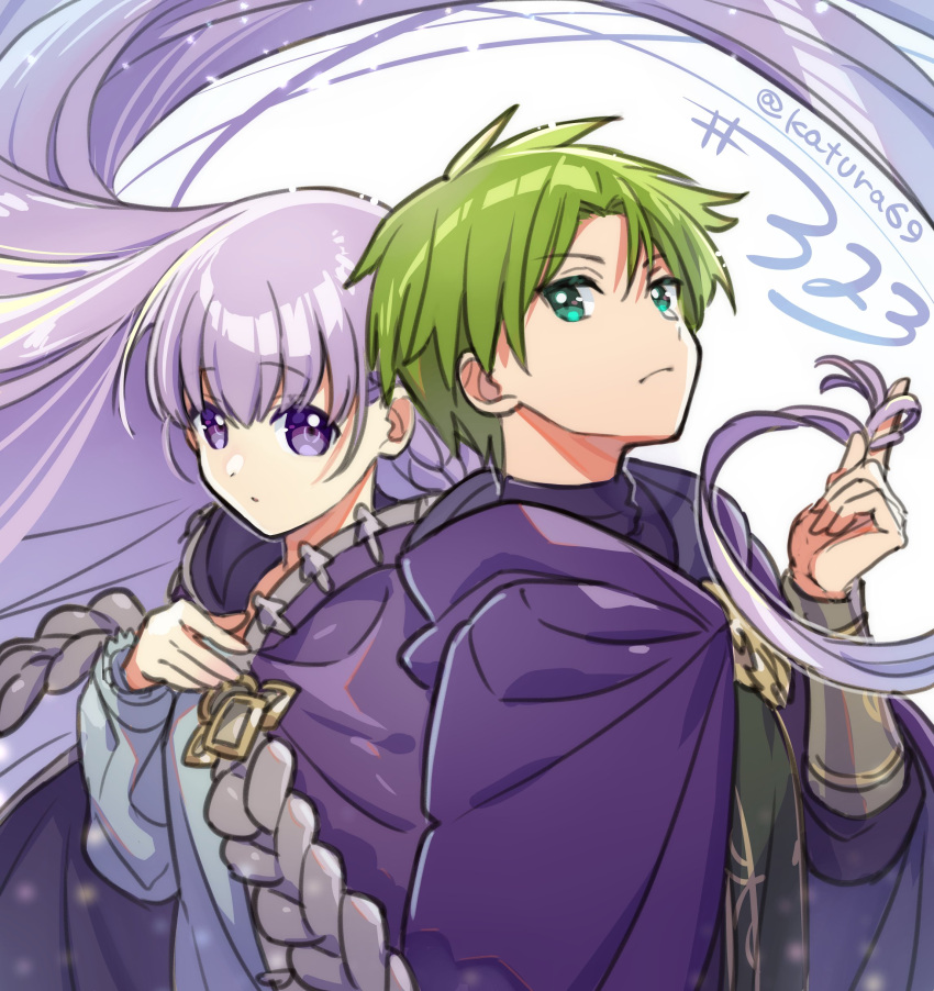 1boy 1girl absurdres blue_eyes cape closed_mouth fire_emblem fire_emblem:_the_binding_blade green_hair highres holding_another's_hair juria0801 long_hair long_sleeves looking_at_viewer purple_cape purple_hair raigh_(fire_emblem) short_hair sophia_(fire_emblem) twitter_username upper_body very_long_hair violet_eyes white_background