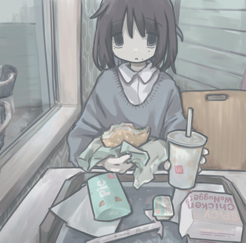 1girl absurdres apple_pie black_eyes black_hair blue_sweater brand_name_imitation burger chicken_nuggets collar cup drink fast_food food gudon_udon highres holding holding_food indoors mcdonald's original pie restaurant shirt short_hair solo sweater tray wcdonald's white_collar white_shirt window