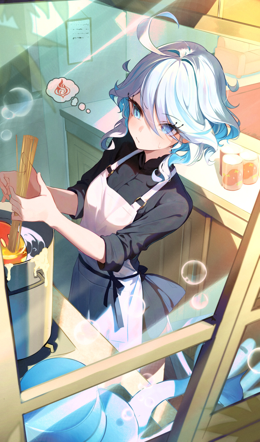1girl absurdres ahoge alternate_costume apron black_shirt blue_eyes blue_hair bubble commentary_request cooking cooking_pot cowlick food from_above furina_(genshin_impact) genshin_impact highres holding holding_food indoors lumo_1121 multicolored_hair pasta pyro_symbol_(genshin_impact) revision shirt sleeves_rolled_up slime_(genshin_impact) solo spaghetti thought_bubble two-tone_hair white_apron white_hair window