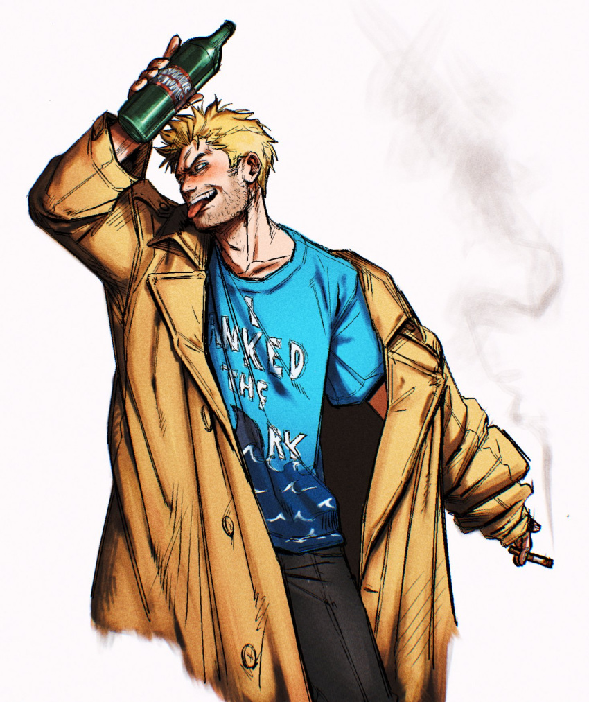 1boy bad_id bad_twitter_id beard_stubble bottle clothes_writing coat constantine facial_hair feet_out_of_frame highres holding holding_bottle john_constantine l.r.silva looking_at_viewer male_focus off_shoulder pants short_hair smoke solo standing stubble thick_eyebrows tongue tongue_out wine_bottle