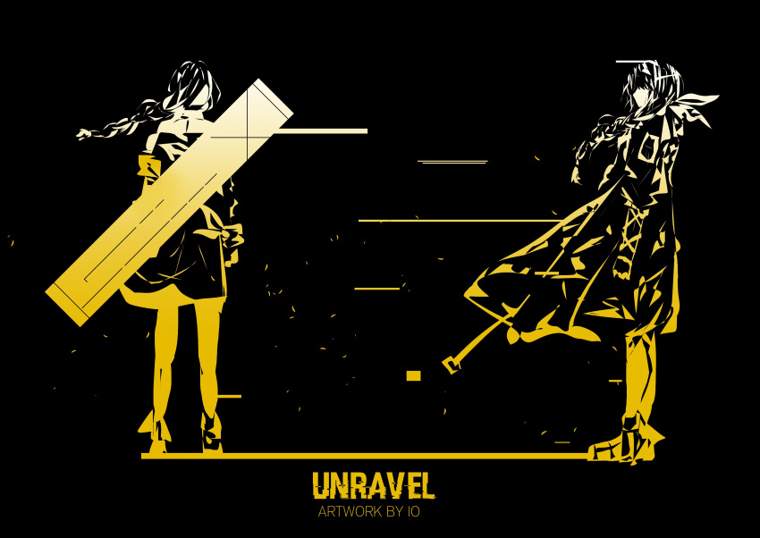 1girl absurdres armband artist_name black_background braid english_commentary english_text faceless from_behind from_side full_body girls_frontline highres io_troublemaker limited_palette long_hair m16a1_(girls'_frontline) multiple_views orange_armband particle_cannon_case ponytail simple_background standing