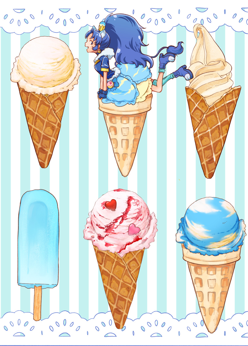 1girl absurdres animal_ears blue_bow blue_choker blue_footwear blue_gloves blue_hair blue_shirt blue_thighhighs bow bubble_skirt choker crown_earrings cure_gelato food food_focus from_side gloves highres ice_cream ice_cream_cone kirakira_precure_a_la_mode layered_skirt lion_ears lion_tail long_hair looking_at_viewer magical_girl name_connection nelo55511 object_namesake open_mouth popsicle precure profile shirt shoes single_thighhigh skirt smile soft_serve solo striped_background tail tategami_aoi thigh-highs waffle_cone