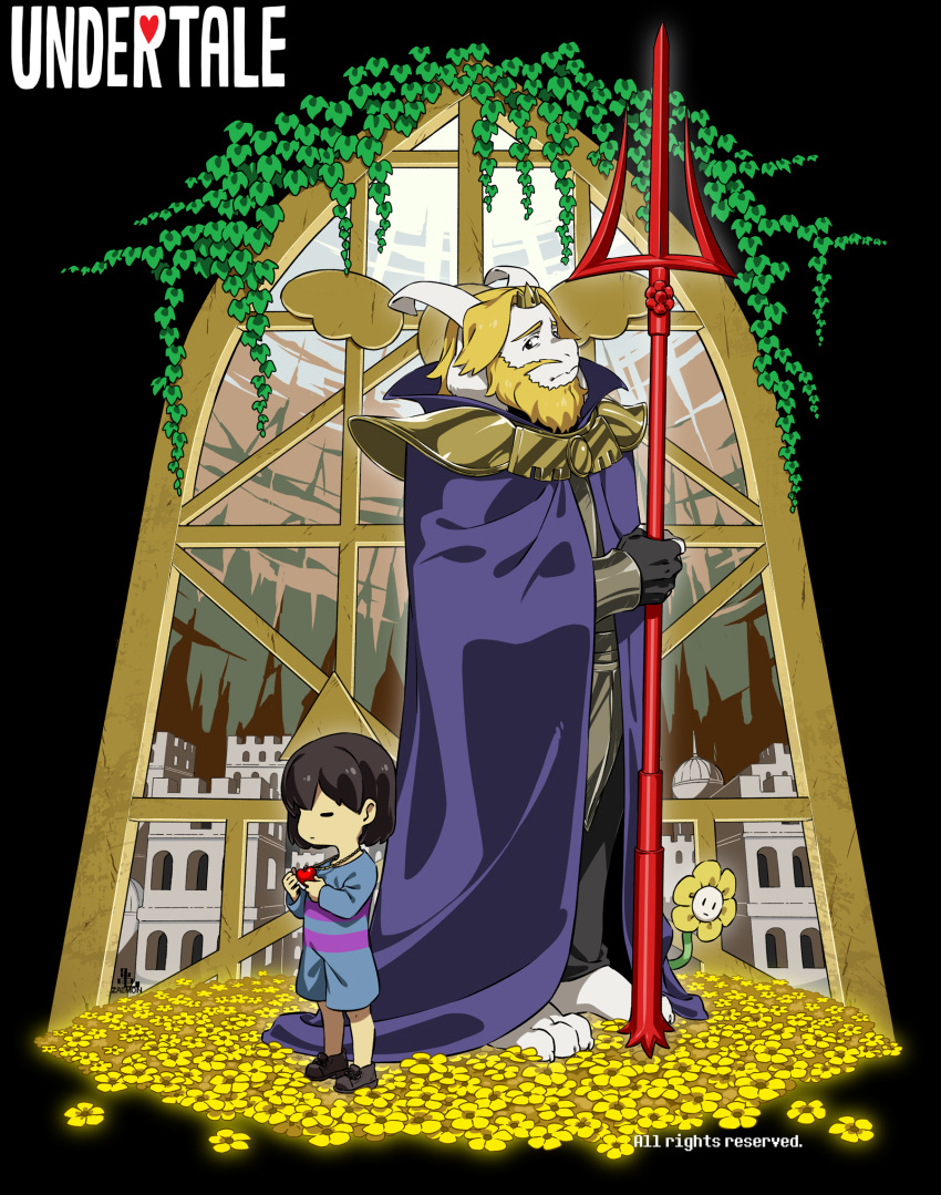 1boy 1other =_= androgynous animal_ears asgore_dreemurr barefoot beard black_eyes black_gloves black_hair blonde_hair brown_footwear building cel_shading child city cloak closed_eyes collared_cloak copyright_name crown expressionless facial_hair fewer_digits fingerless_gloves flower flowey_(undertale) frisk_(undertale) from_side frown full_body furry furry_male gloves glowing_flower goat_boy goat_ears goat_horns heart highres holding holding_heart holding_trident horns ivy kamezaemon looking_at_another male_focus mini_crown polearm purple_cloak romper shoes short_hair standing trident undertale weapon window yellow_flower