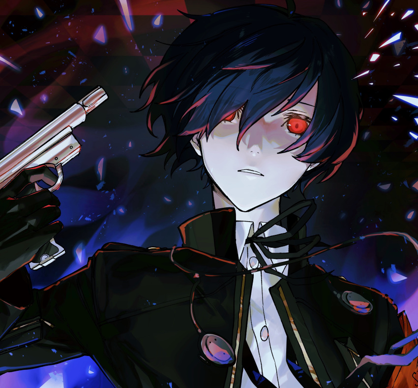1boy absurdres alternate_eye_color black_gloves blue_hair commentary_request evoker expressionless gekkoukan_high_school_uniform gloves glowing glowing_eyes gun headphones headphones_around_neck highres holding holding_gun holding_weapon looking_at_viewer male_focus ore_iuse pale_skin parted_lips persona persona_3 persona_3_reload red_eyes school_uniform short_hair solo upper_body weapon yuuki_makoto_(persona_3)