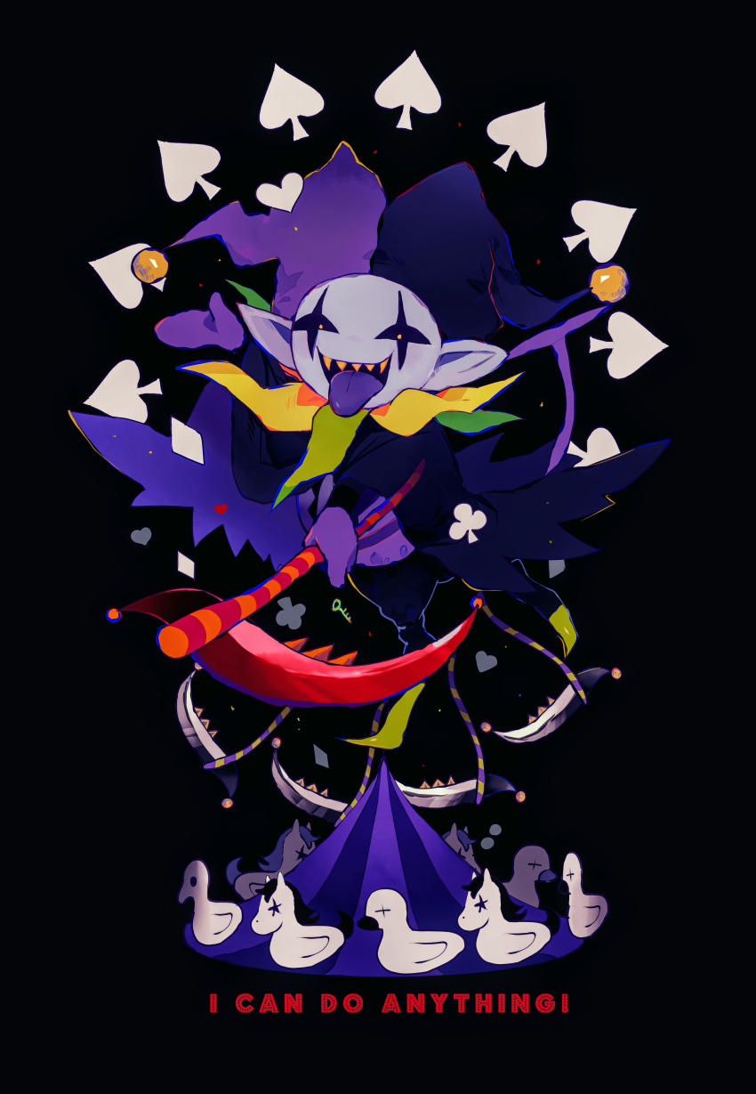 1boy absurdres black_background black_cloak black_sclera carousel cloak colored_sclera colored_skin colored_tongue commentary_request deltarune english_text from_side full_body gloves hand_up hat highres holding holding_scythe jester jester_cap jevil looking_at_viewer male_focus open_mouth pointy_ears purple_gloves purple_skin purple_tongue scythe sharp_teeth simple_background smile solo spade_(shape) standing teeth tongue tongue_out y_o_u_k_a yellow_eyes