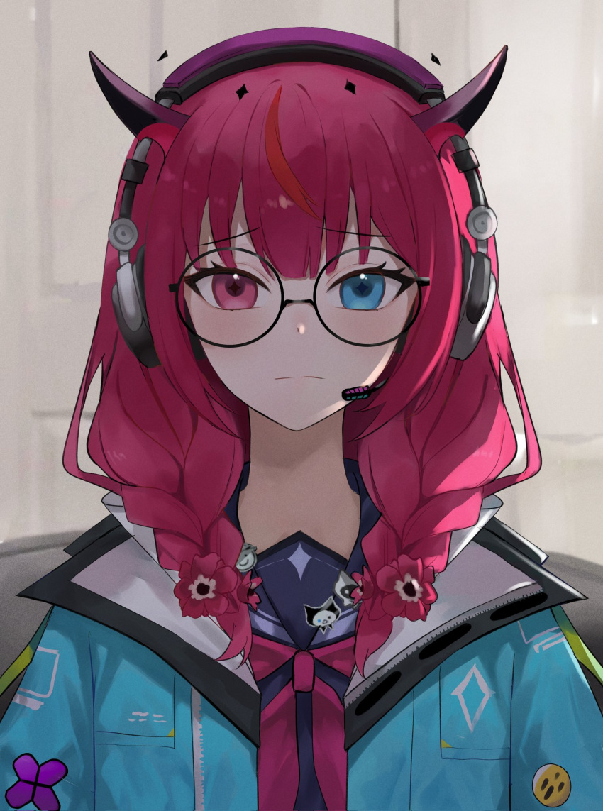 1girl badge black_horns bloom_(irys) blue_eyes braid button_badge commentary cross-shaped_pupils english_commentary flower gloom_(pokemon) hair_flower hair_ornament hair_over_shoulder halo headphones heterochromia highres hololive hololive_english horns indoors irys_(gamer)_(hololive) irys_(hololive) light_blue_jacket light_blush light_frown linus_tech_tips long_hair looking_at_viewer meme microphone multicolored_hair nagalis neckerchief official_alternate_costume pointy_ears purple_hair red_flower red_neckerchief redhead round_eyewear sad_linus_(meme) solo split_mouth star_halo straight-on streaked_hair symbol-shaped_pupils twin_braids upper_body violet_eyes virtual_youtuber