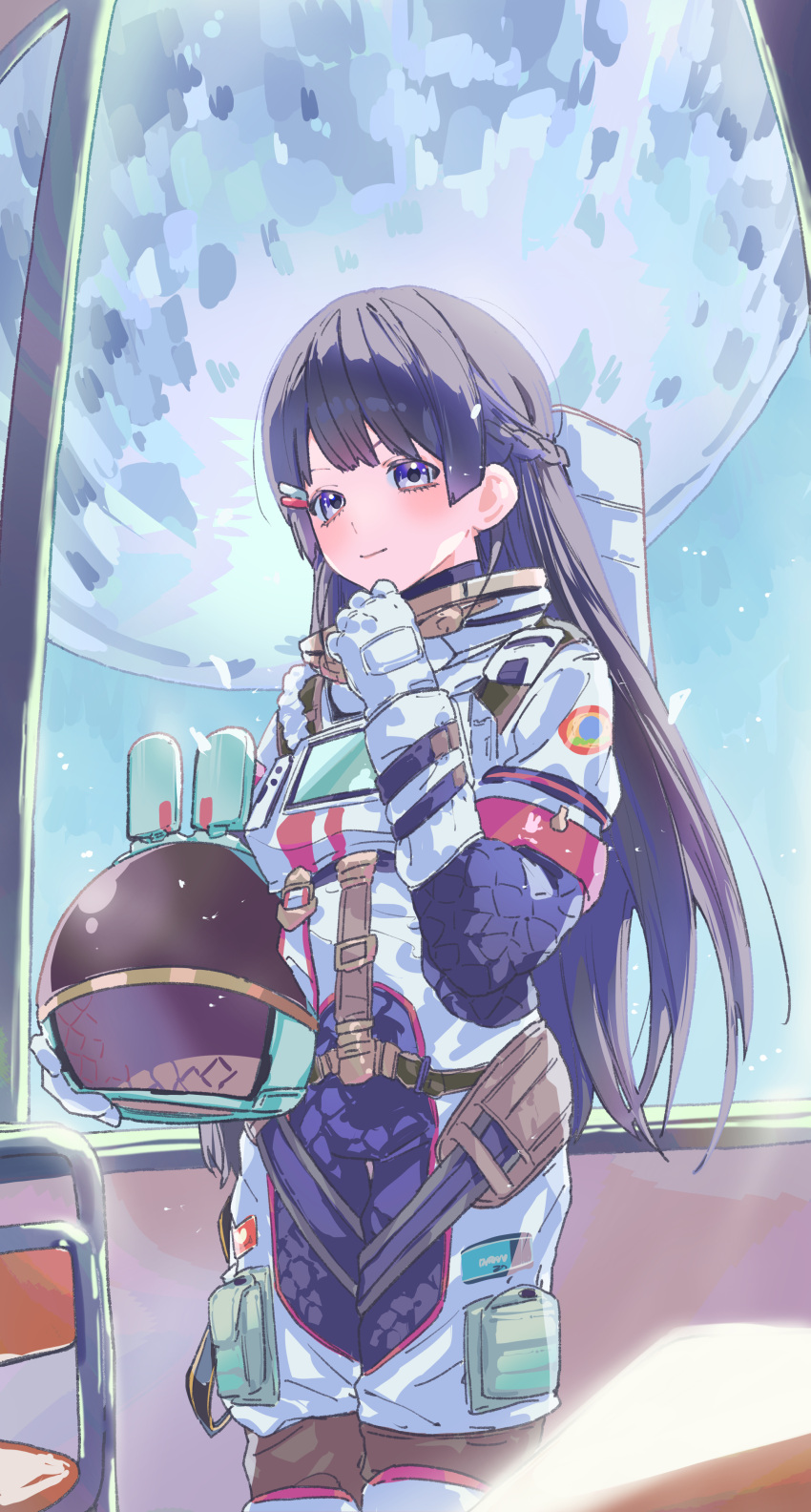 1girl absurdres armband astronaut braid chair gloves hair_ornament hairclip hand_on_own_chin helmet highres holding holding_helmet long_hair long_sleeves looking_at_viewer mechanical_ears moon nijisanji official_alternate_costume purple_hair red_armband screen single_braid spacesuit standing tsukino_mito tsukino_mito_(16th_costume) unworn_headwear unworn_helmet v-shaped_eyebrows valentine_(02140314c) violet_eyes virtual_youtuber white_gloves