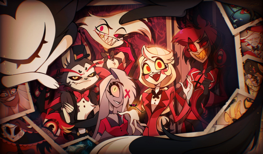 5girls 6+boys :d adam_(hazbin_hotel) alastor_(hazbin_hotel) angel_dust animal_ears antlers artist_name asymmetrical_eyes black_bow black_bowtie black_choker black_eyes black_fur black_gloves black_hair black_headwear black_lips black_nails black_pants black_sclera blonde_hair blurry_edges body_fur bow bowtie brown_fur cat cat_boy cat_ears charlie_morningstar chinese_commentary choker chromatic_aberration circle_facial_mark coat collared_shirt colored_sclera commentary_request crossed_arms cyclops dark-skinned_female dark_skin deer_antlers deer_boy deer_ears deer_tail egg_bois elbow_gloves everyone eyepatch facial_mark fangs film_grain fleshbd99 frown furry furry_male gloves glowing glowing_eyes gold_teeth grin group_picture hair_bow hair_over_one_eye half-closed_eye hand_up hat hazbin_hotel highres holding holding_microphone horns husk_(hazbin_hotel) jacket keekee_(hazbin_hotel) key light_particles long_hair long_sleeves looking_at_viewer lucifer_(hazbin_hotel) microphone mismatched_sclera monocle monster_boy monster_girl multi-tied_hair multicolored_hair multiple_boys multiple_girls nail_polish niffty_(hazbin_hotel) object_head one-eyed open_mouth outstretched_arm pants photo_(object) pink_gloves pink_jacket pink_sclera red-tinted_eyewear red_bow red_bowtie red_eyes red_jacket red_sclera red_shirt red_wings redhead rosie_(hazbin_hotel) sera_(hazbin_hotel) sharp_teeth shirt short_hair short_sleeves signature sir_pentious sleeping smile solid_eyes striped_coat suspenders tail teeth television tinted_eyewear top_hat traditional_bowtie two-tone_fur two-tone_hair vaggie vintage_microphone vox_(hazbin_hotel) water_drop white_fur white_hair white_shirt wings yellow_eyes yellow_sclera yellow_teeth