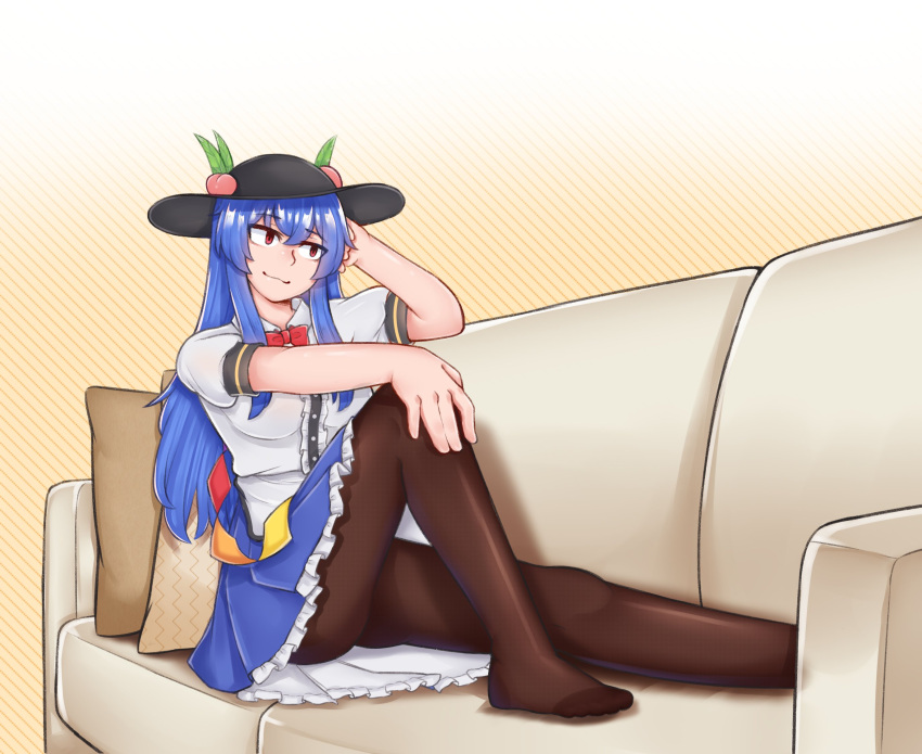 1girl :3 apron averageairhead black_headwear blue_hair blue_skirt bow bowtie brown_pantyhose center_frills couch frilled_skirt frills fruit_hat_ornament hat highres hinanawi_tenshi long_hair no_shoes pantyhose peach_hat_ornament puffy_short_sleeves puffy_sleeves rainbow_gradient rainbow_order red_bow red_bowtie red_eyes shirt short_sleeves sitting skirt solo touhou white_apron white_shirt