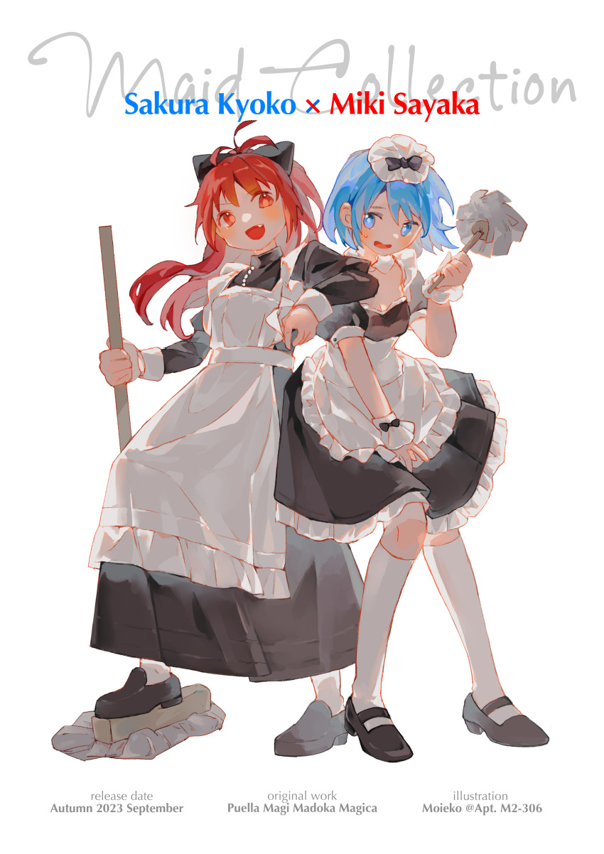 2girls absurdres alternate_costume apron arm_on_shoulder black_dress black_footwear blue_eyes blue_hair blush bow detached_collar dress duster english_text enmaided full_body hair_between_eyes hair_bow hair_ornament highres holding holding_duster holding_mop kneehighs loafers long_dress long_hair long_sleeves looking_at_another mahou_shoujo_madoka_magica maid maid_apron maid_headdress mary_janes miki_sayaka moieko mop multiple_girls ponytail promotional_art puffy_sleeves red_eyes redhead sakura_kyoko shoes short_hair simple_background smile socks standing turtleneck white_background white_socks wrist_cuffs
