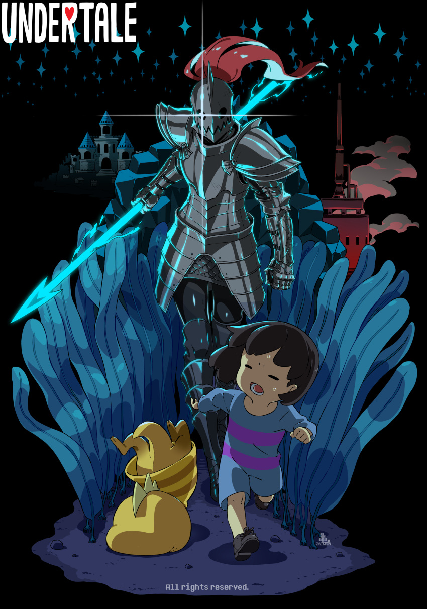 1girl 1other =_= absurdres androgynous armor black_background black_hair breastplate brown_footwear castle cel_shading chasing child clenched_hand closed_eyes clouds commentary copyright_name covered_face faceplant faulds frisk_(undertale) full_armor full_body gauntlets glint greaves helm helmet highres holding holding_polearm holding_weapon kamezaemon monster_kid_(undertale) open_mouth outdoors pauldrons polearm romper running shoes short_hair shoulder_armor simple_background sparkle spear sweat tripping undertale undyne weapon
