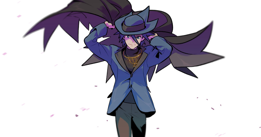 1boy blue_headwear blue_jacket closed_mouth commentary_request cowboy_shot hair_between_eyes hands_up hat highres holding_cloak jacket jewelry long_sleeves looking_at_viewer male_focus necklace pants pokemon pokemon_dppt redlhzz riley_(pokemon) shirt smile solo spiky_hair white_background