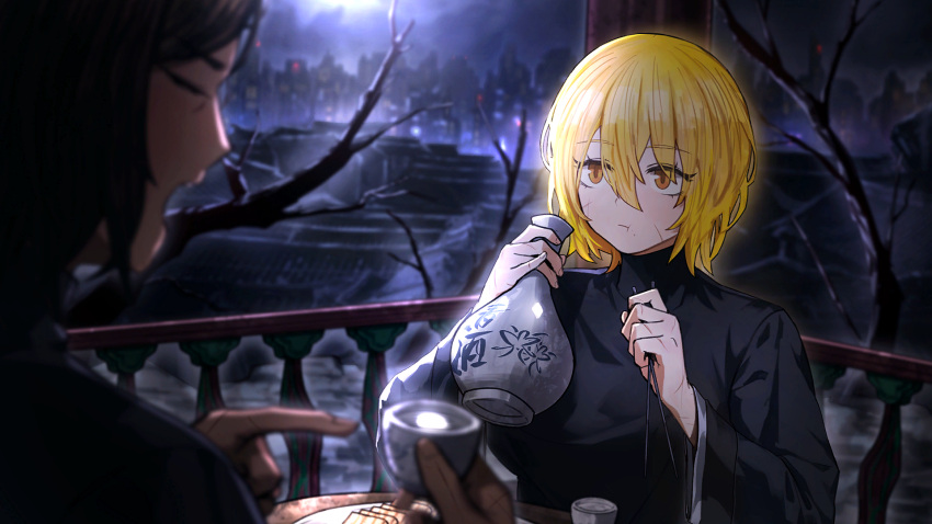 2girls black_shirt blonde_hair brown_hair chopsticks closed_mouth cup don_quixote_(project_moon) eating game_cg hair_between_eyes highres holding holding_chopsticks holding_cup indoors limbus_company long_sleeves multiple_girls nai_ga official_art open_mouth orange_eyes outis_(project_moon) project_moon railing scar scar_on_face scar_on_hand shirt short_hair sitting solo_focus turtleneck_shirt wooden_railing