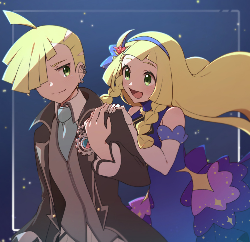 1boy 1girl :d ahoge bare_shoulders blonde_hair blue_dress blue_hairband blush braid brother_and_sister closed_mouth coat collared_shirt commentary_request dress elbow_gloves eyelashes floating_hair gladion_(pokemon) gladion_(sygna_suit)_(pokemon) gloves green_eyes grey_vest hair_over_one_eye hairband hand_on_another's_shoulder hand_up lillie_(anniversary_2021)_(pokemon) lillie_(pokemon) long_hair necktie official_alternate_costume open_clothes open_coat open_mouth pokemon pokemon_masters_ex shirt short_hair siblings smile twin_braids vest white_gloves yu062424