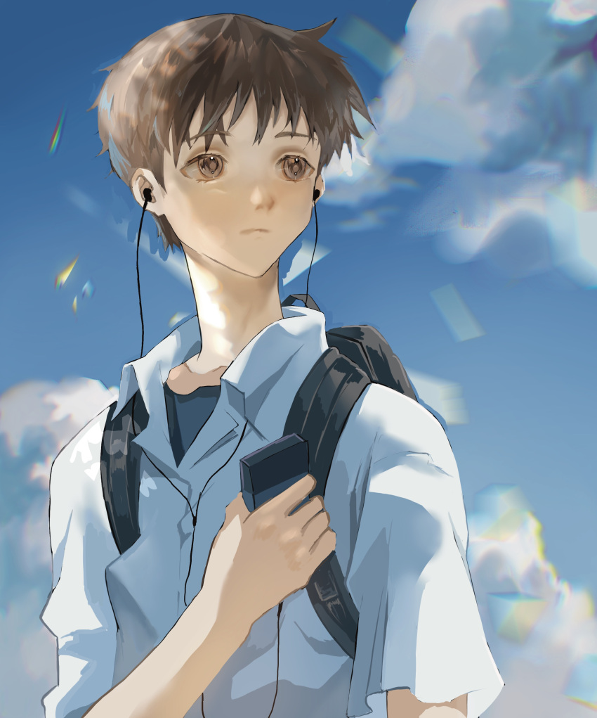 1boy absurdres backpack bag blue_sky brown_eyes brown_hair cassette_player closed_mouth clouds collarbone collared_shirt earphones earphones expressionless highres ikari_shinji listening_to_music male_focus neon_genesis_evangelion shirt short_hair sky solo white_shirt zuuin