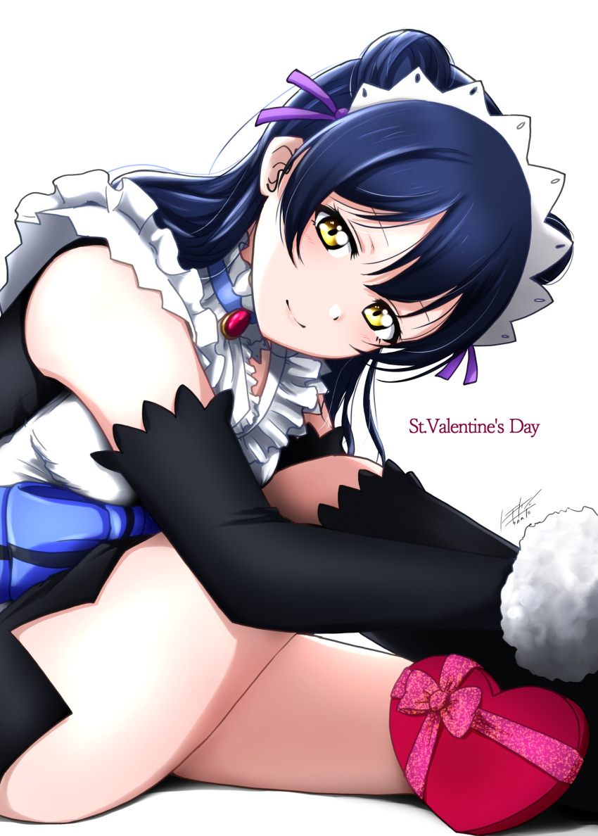 1girl black_sleeves blue_hair box breasts closed_mouth commentary_request detached_sleeves double_bun gift gift_box hair_bun heart-shaped_box highres knee_to_chest long_hair looking_at_viewer love_live! love_live!_school_idol_project maid maid_headdress medium_breasts mogyutto_"love"_de_sekkin_chuu! sidelocks signature solo sonoda_umi surv1v3-13005993 upper_body valentine white_background yellow_eyes