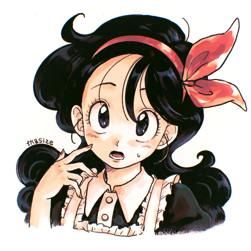 1girl apron artist_name black_eyes black_hair commentary cropped_shoulders curly_hair dragon_ball fingernails frilled_apron frills hair_ribbon hairband hand_up highres long_hair looking_at_viewer lunch_(dragon_ball) lunch_(good)_(dragon_ball) maid_apron open_mouth red_hairband red_ribbon ribbon simple_background solo swept_bangs tkgsize white_background worried