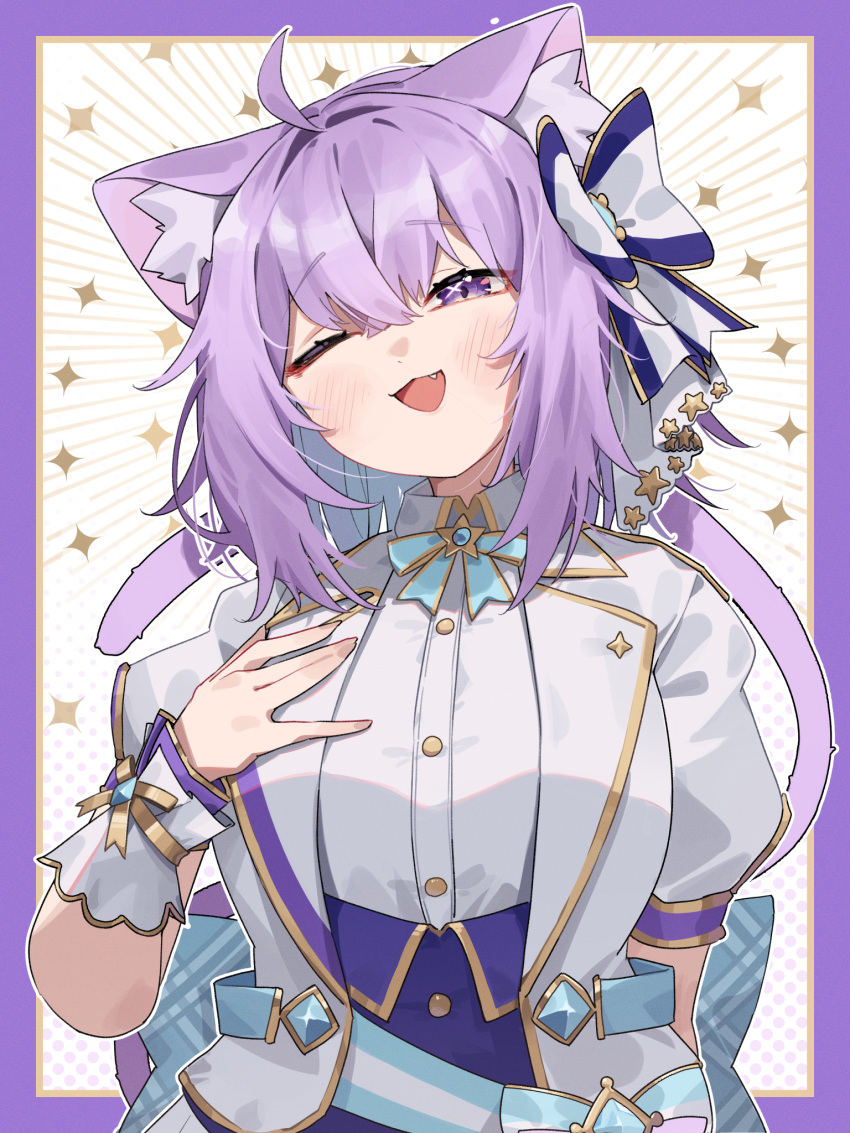 1girl :d ahoge animal_ear_fluff animal_ears aqua_bow aqua_bowtie aqua_sash back_bow blush border bow bowtie cat_ears cat_girl cat_tail collared_shirt commentary corset crossed_bangs double-parted_bangs fang gold_trim hair_between_eyes hair_bow hand_on_own_chest highres hololive hololive_idol_uniform_(bright) jacket jknor nekomata_okayu official_alternate_costume one_eye_closed open_clothes open_jacket open_mouth plaid plaid_bow puffy_short_sleeves puffy_sleeves purple_border purple_corset purple_hair shirt short_hair short_sleeves smile solo tail underbust upper_body violet_eyes virtual_youtuber white_background white_jacket white_shirt white_wrist_cuffs wrist_cuffs