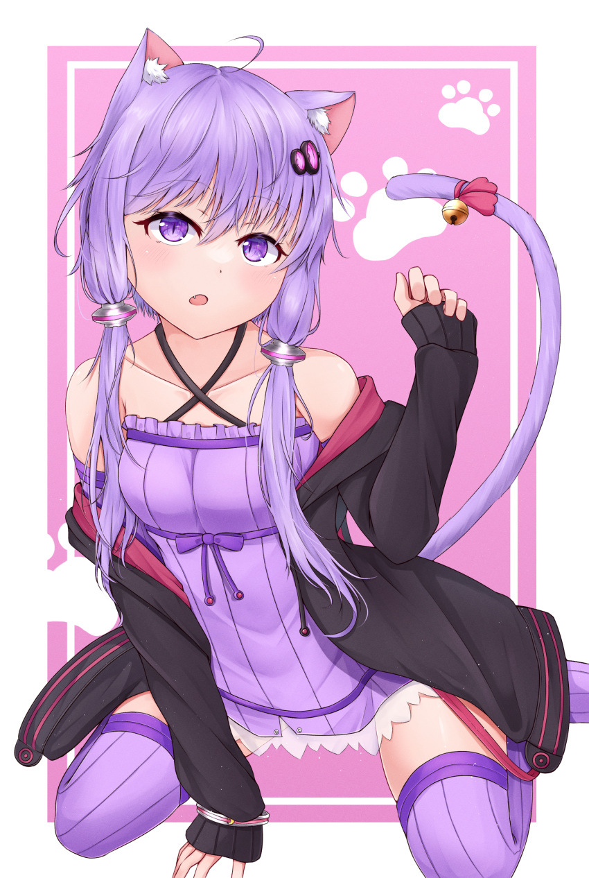 1girl :o absurdres animal_ear_hood animal_ears bare_shoulders bell between_legs black_jacket blush breasts cat_ears cat_girl cat_tail clenched_hand criss-cross_halter dress fang frilled_dress frills full_body hair_between_eyes hair_ornament hairpin halterneck hand_between_legs hand_up highres hood hooded_jacket jacket kemonomimi_mode leaning_forward leaning_to_the_side legs_apart long_hair long_sleeves looking_at_viewer off_shoulder open_clothes open_jacket paw_pose paw_print paw_print_background purple_dress purple_hair shirua_(s4-42424) slit_pupils small_breasts solo spread_legs staring strapless strapless_dress striped_clothes striped_dress tail tail_bell tail_ornament thigh-highs tube_dress twintails vertical-striped_clothes vertical-striped_dress violet_eyes vocaloid yuzuki_yukari