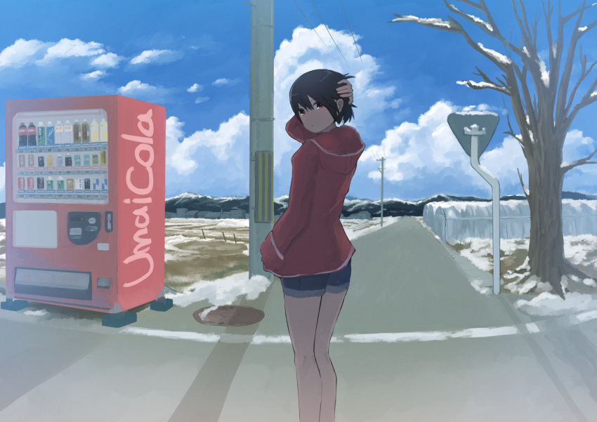 1girl black_hair blue_shorts clouds commentary_request cumulonimbus_cloud film_grain hand_in_own_hair hand_in_pocket highres hood hood_down hooded_jacket inami_hatoko jacket looking_back original outdoors power_lines red_eyes red_jacket road road_sign shadow short_hair shorts sign snow solo standing utility_pole vending_machine