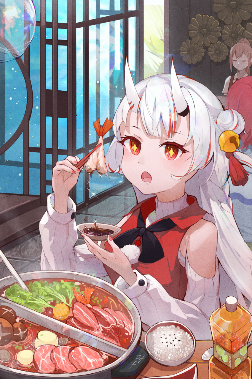 +_+ 3girls alternate_costume bell black_neckerchief bowl center-flap_bangs chopsticks collared_shirt commentary_request detached_sleeves drooling food hair_bell hair_bun hair_ornament highres holding holding_chopsticks holding_food hololive horns hotpot indoors jingle_bell ladle long_hair long_sleeves looking_at_food mouth_drool multicolored_hair multiple_girls nakiri_ayame neckerchief oni open_mouth plastic_bottle red_eyes red_nails red_shirt redhead rice_bowl shirt single_side_bun sitting sleeveless sleeveless_shirt sleeveless_sweater solo_focus streaked_hair sweater table tassel tassel_hair_ornament tile_floor tiles turtleneck turtleneck_sweater virtual_youtuber white_hair white_horns white_sweater wooden_table wooden_wall xiaoshi2996