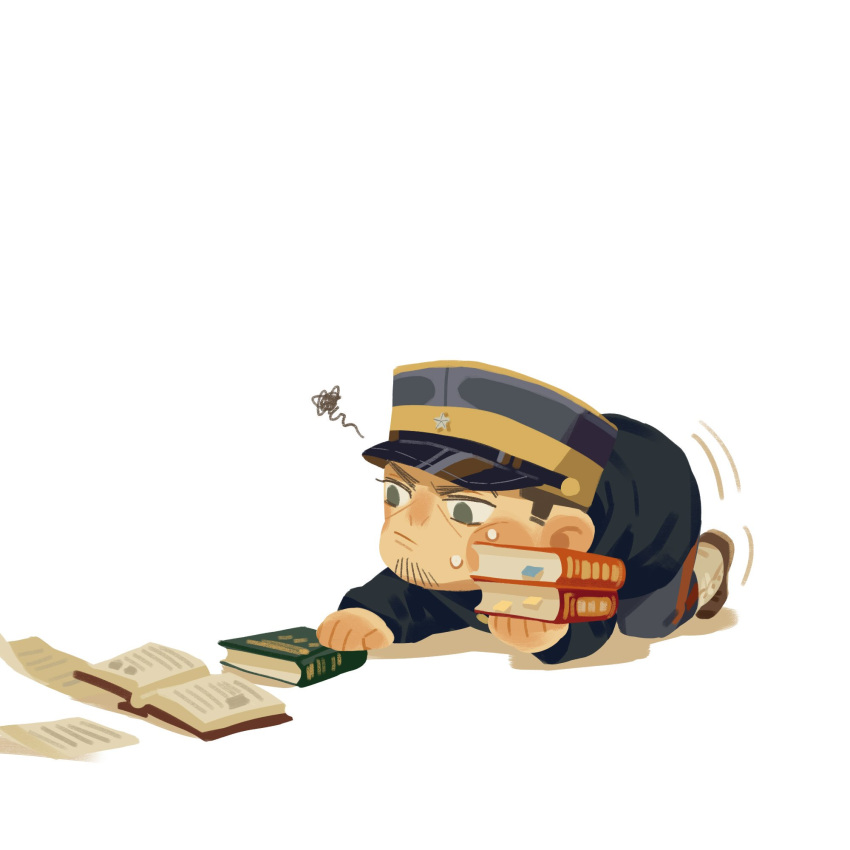 1boy all_fours black_headwear black_jacket book brown_footwear brown_hair chengongzi123 closed_mouth crawling deformed facial_hair full_body goatee_stubble golden_kamuy green_eyes hat highres holding holding_book jacket long_sleeves looking_at_object military_hat military_uniform paper scribble shoes short_hair simple_background solo stubble sweat tsukishima_hajime uniform very_short_hair white_background